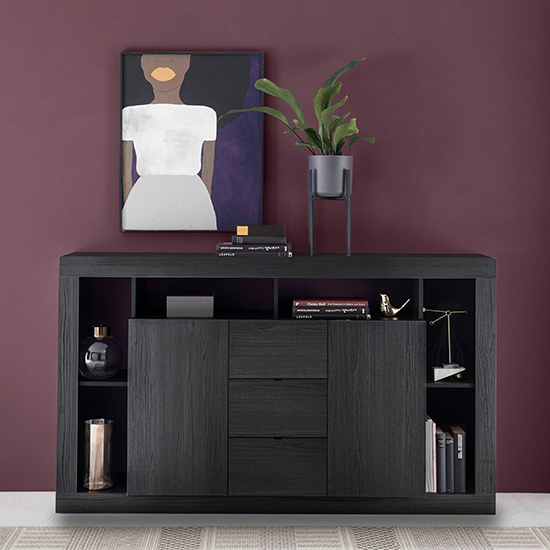 Raya Wooden Sideboard With 2 Doors 3 Drawers In Black Ash Furniture in Fashion