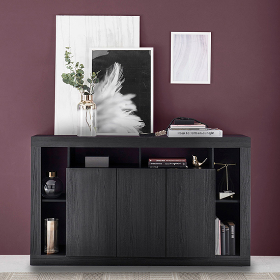Raya Wooden Sideboard With 3 Doors And Mirror In Black Oak