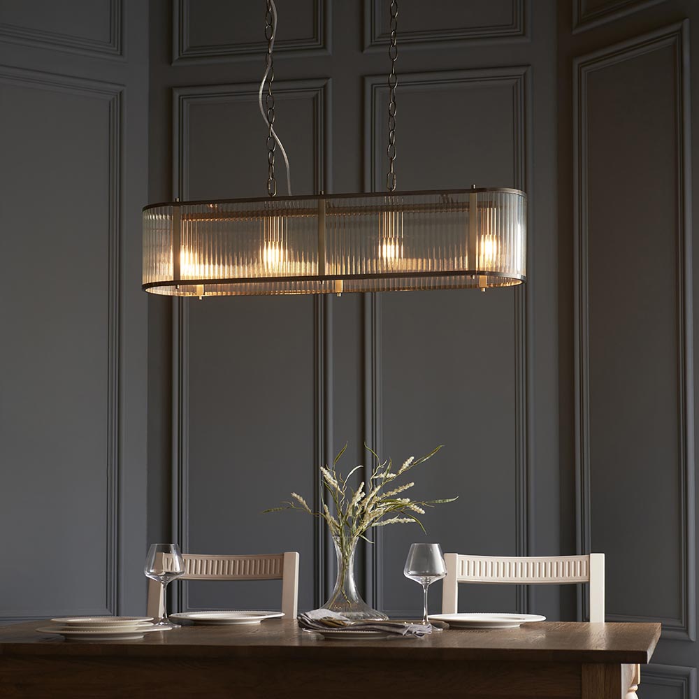 Rayong 4 Light Ribbed Glass Pendant Ceiling Light In Antique Brass