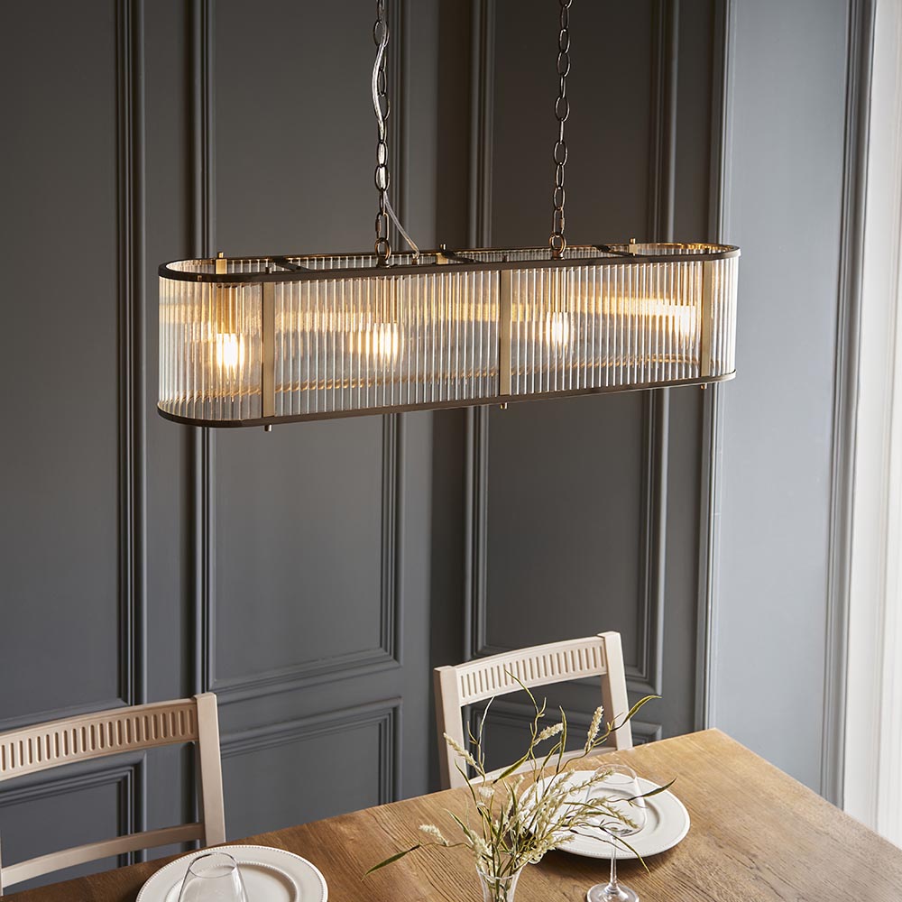 Rayong 4 Light Ribbed Glass Pendant Ceiling Light In Antique Brass