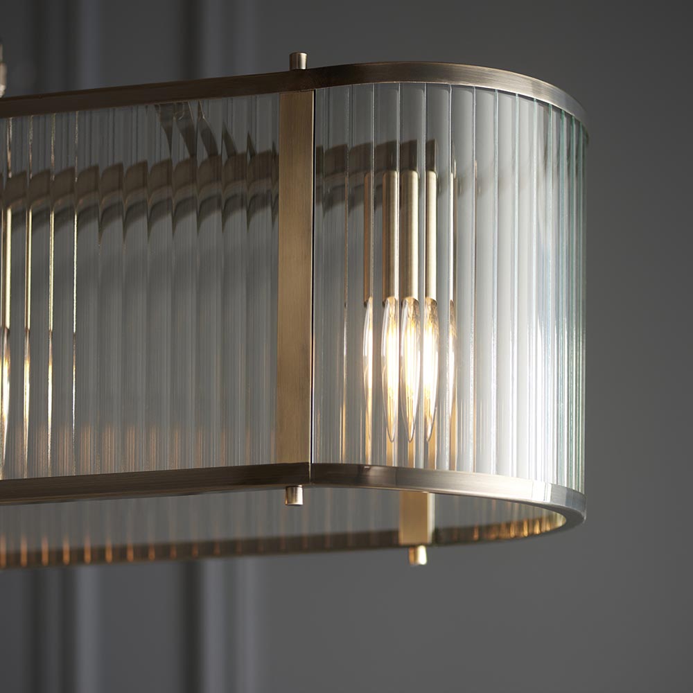 Rayong 4 Light Ribbed Glass Pendant Ceiling Light In Antique Brass