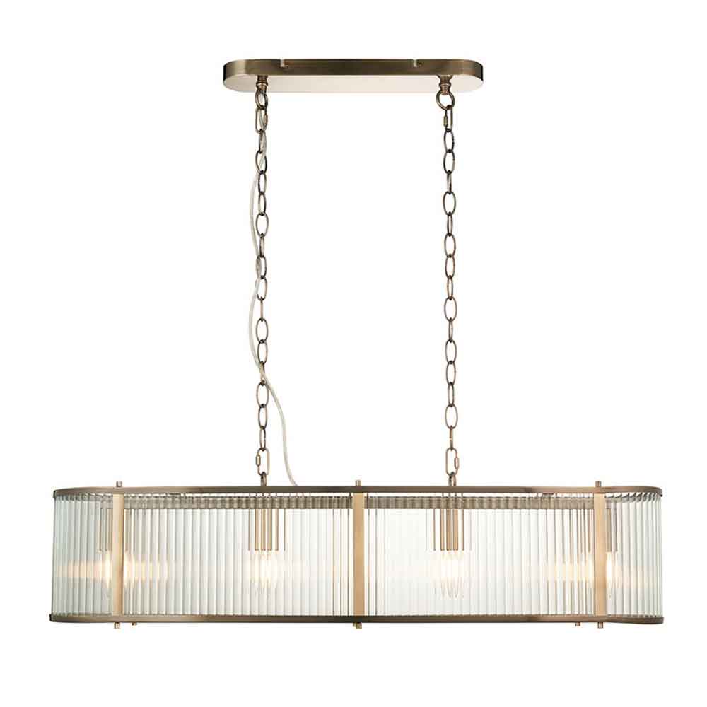 Rayong 4 Light Ribbed Glass Pendant Ceiling Light In Antique Brass