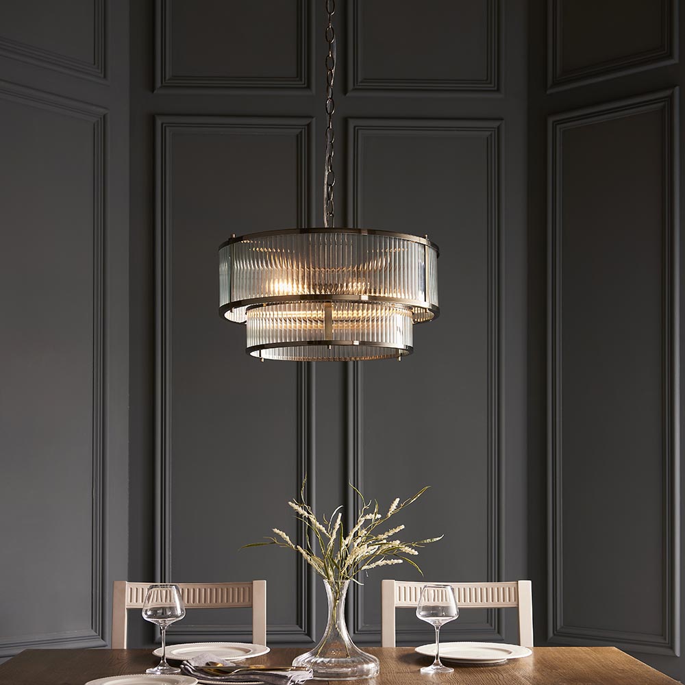 Rayong 5 Light Ribbed Glass Pendant Ceiling Light In Antique Brass