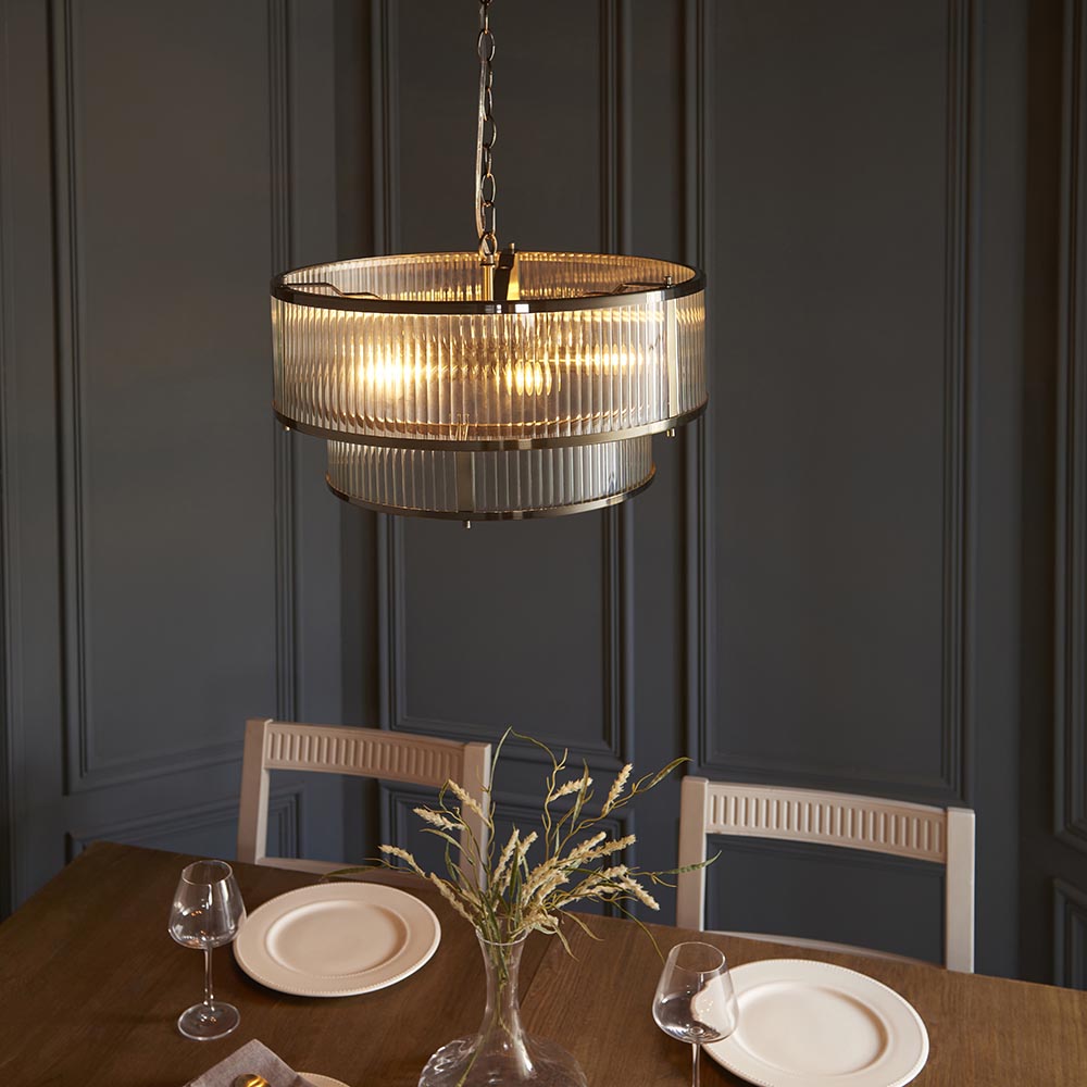 Rayong 5 Light Ribbed Glass Pendant Ceiling Light In Antique Brass