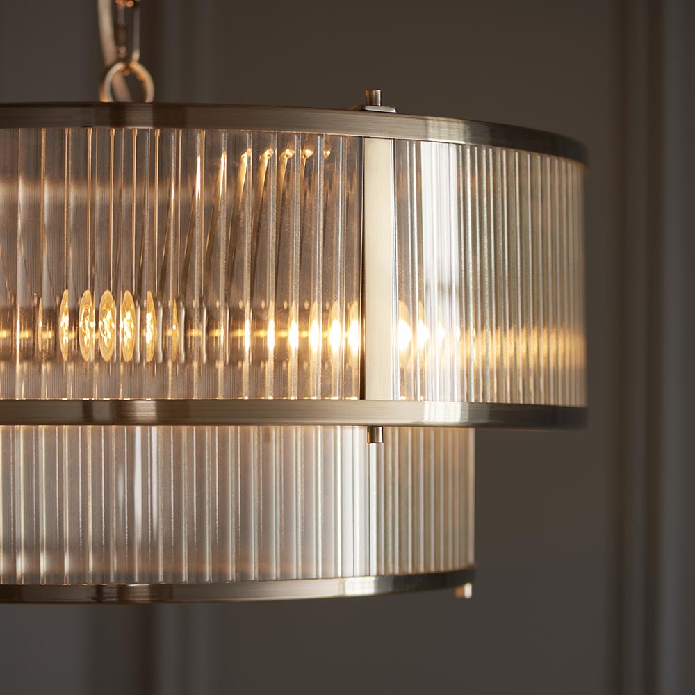 Rayong 5 Light Ribbed Glass Pendant Ceiling Light In Antique Brass