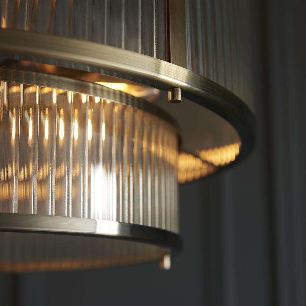 Rayong 5 Light Ribbed Glass Pendant Ceiling Light In Antique Brass