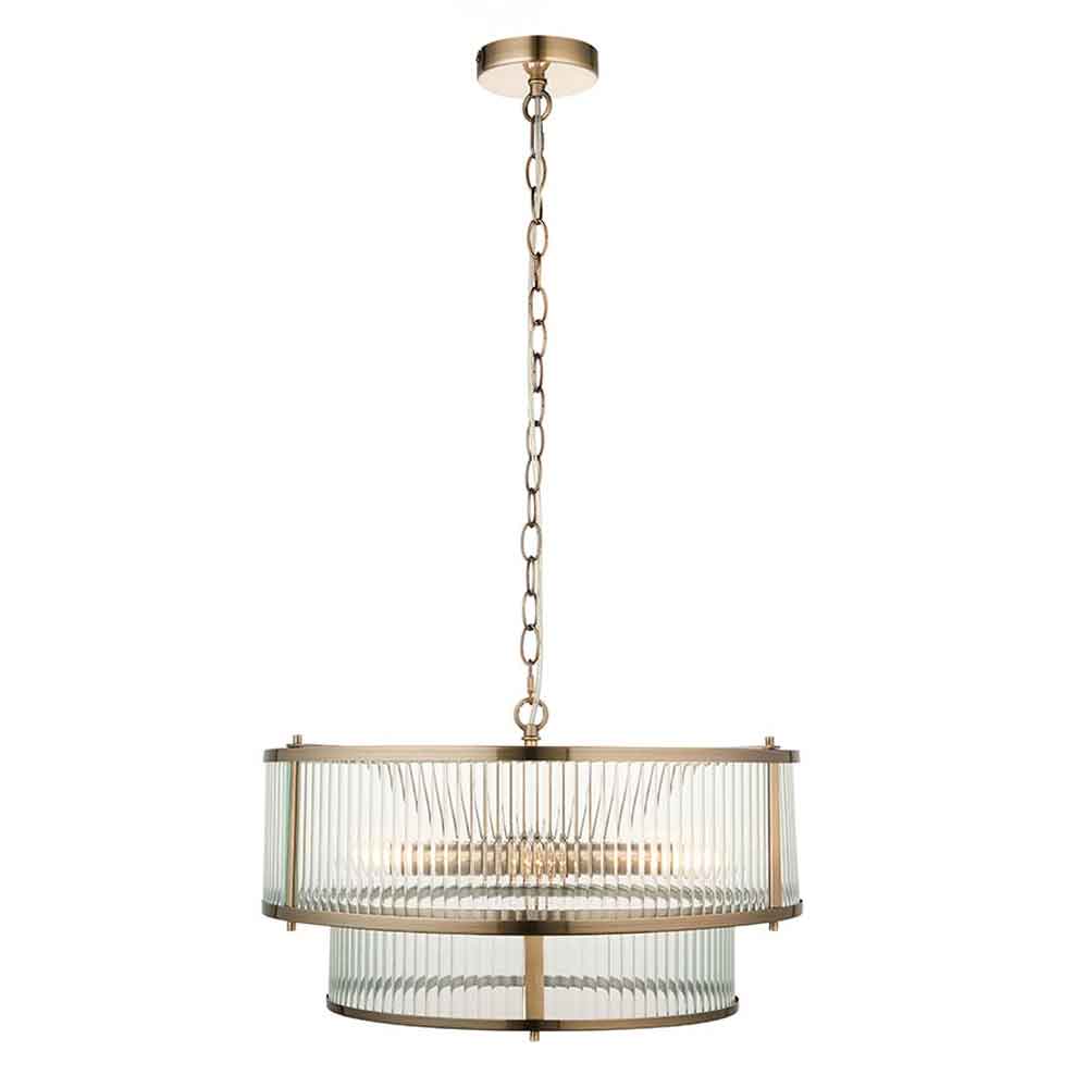 Rayong 5 Light Ribbed Glass Pendant Ceiling Light In Antique Brass