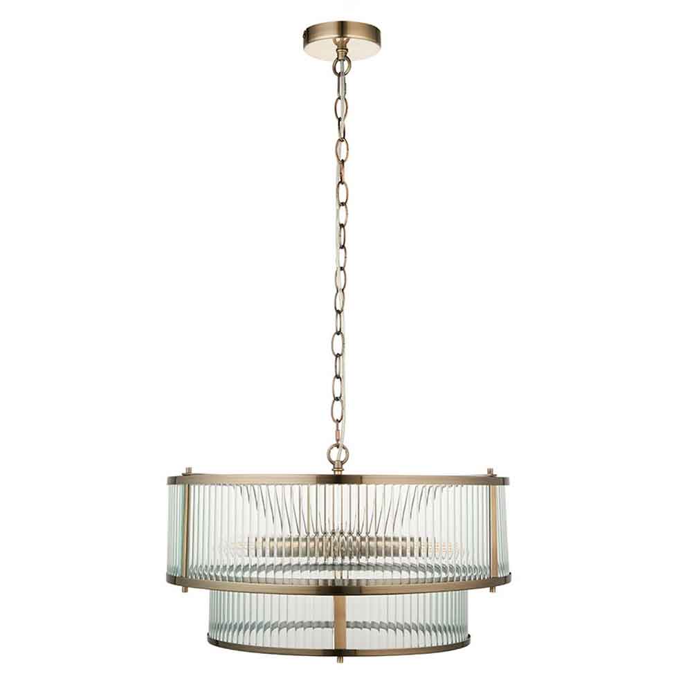 Rayong 5 Light Ribbed Glass Pendant Ceiling Light In Antique Brass