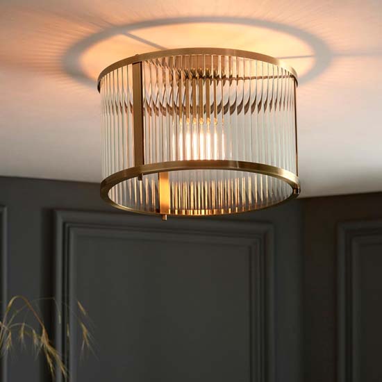 Rayong Glass Shade Flush Ceiling Light In Antique Brass