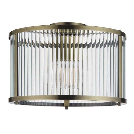 Rayong Glass Shade Flush Ceiling Light In Antique Brass