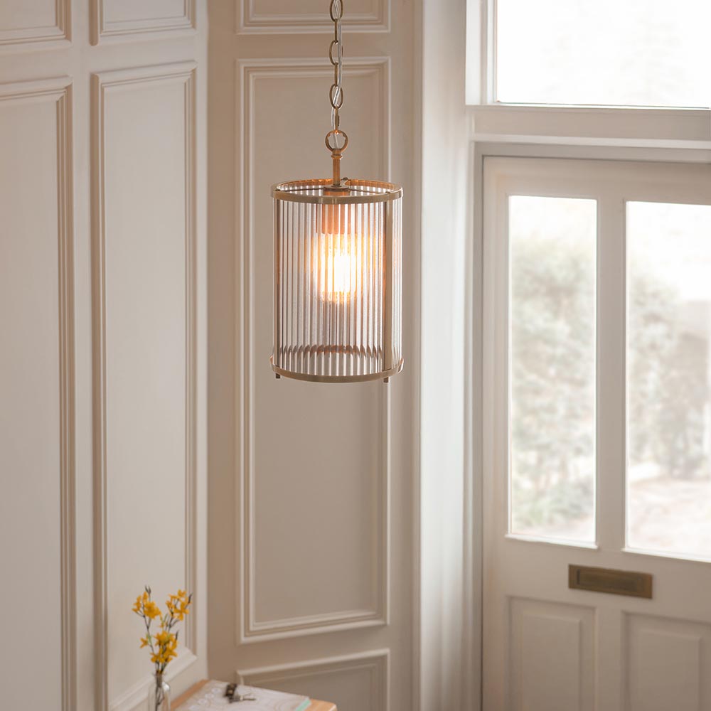 Rayong Ribbed Glass Pendant Ceiling Light In Antique Brass