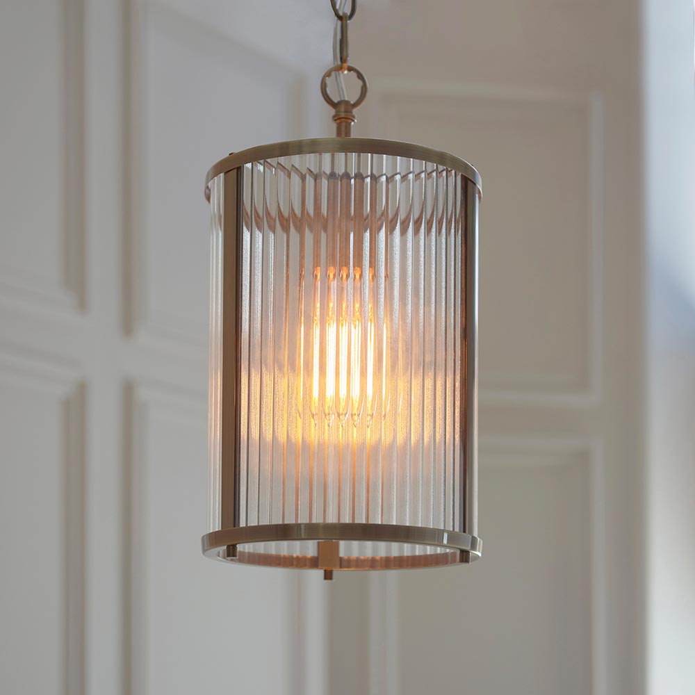 Rayong Ribbed Glass Pendant Ceiling Light In Antique Brass
