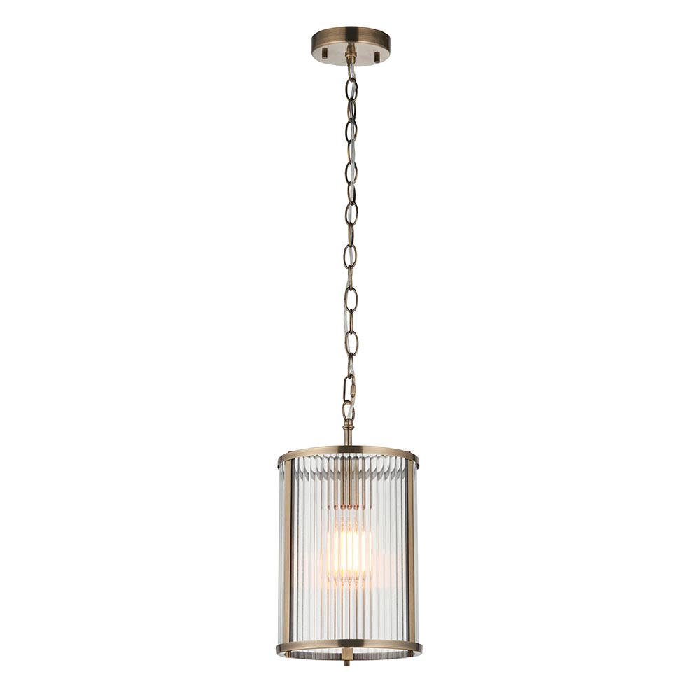 Rayong Ribbed Glass Pendant Ceiling Light In Antique Brass