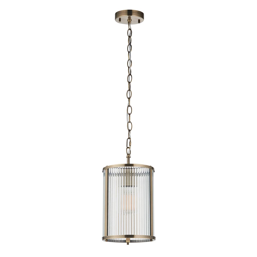 Rayong Ribbed Glass Pendant Ceiling Light In Antique Brass