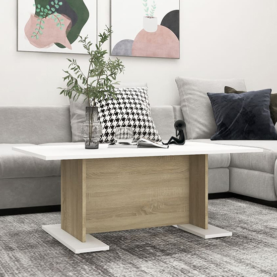 Product photograph of Rayya Rectangular Wooden Coffee Table In White And Sonoma Oak from Furniture in Fashion