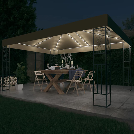Raziel Large Fabric Gazebo In Taupe With LED String Lights