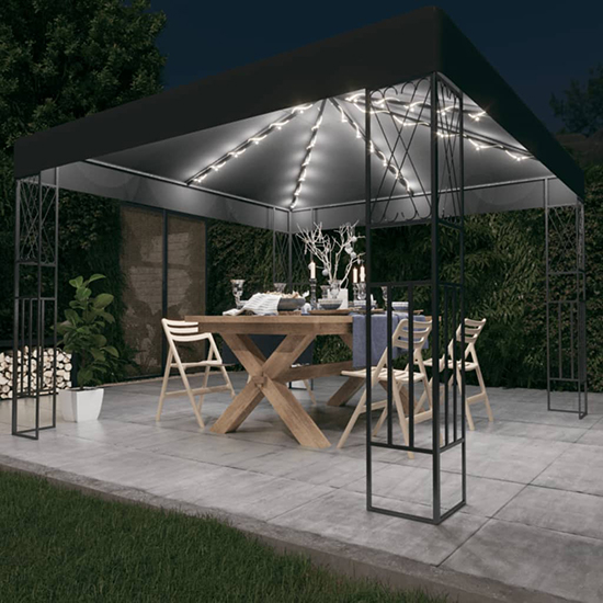 Raziel Small Fabric Gazebo In Anthracite With LED String Lights
