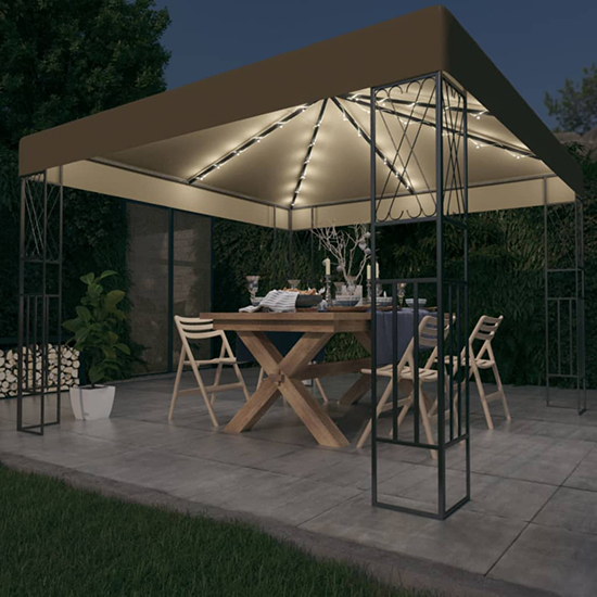 Raziel Small Fabric Gazebo In Taupe With LED String Lights