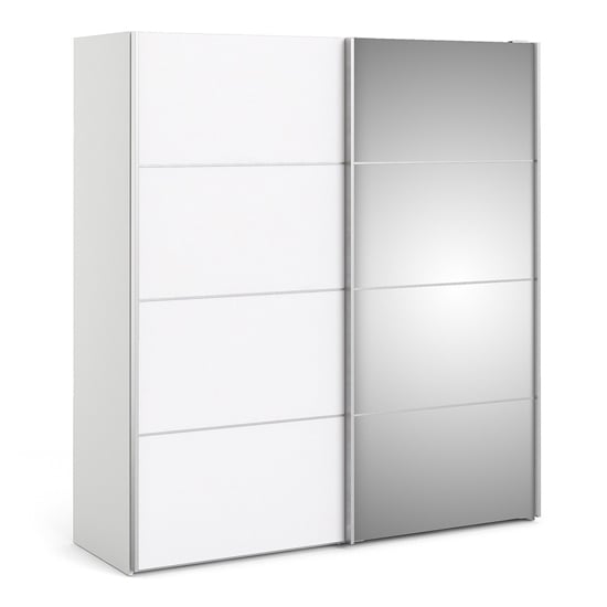 Photo of Reck mirrored sliding doors wardrobe in white with 5 shelves
