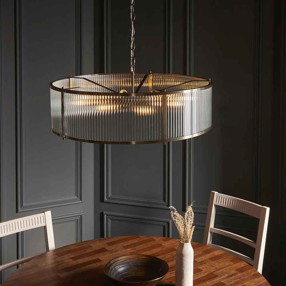 Redington Ribbed Glass Metal Ceiling Pendant Light in Antique Brass