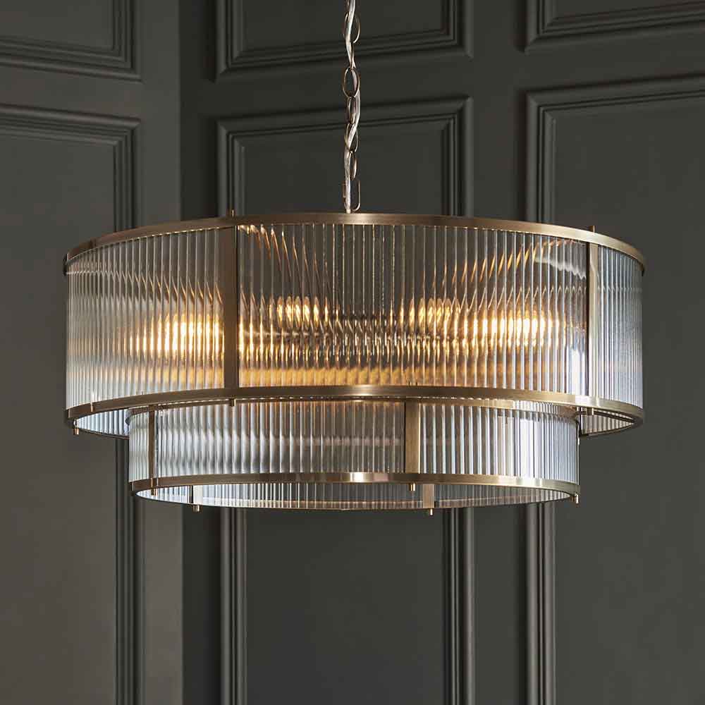 Redington Ribbed Glass Metal Tiered Ceiling Pendant Light in Antique Brass