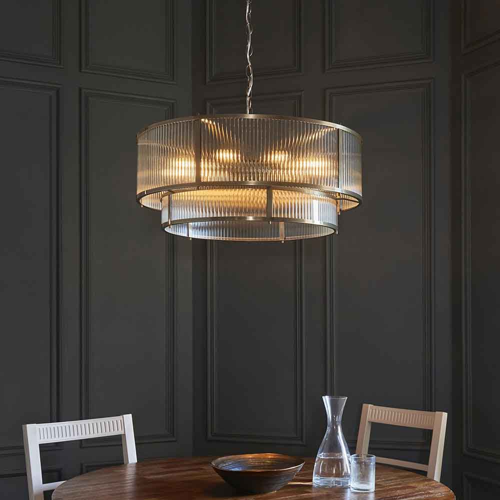 Redington Ribbed Glass Metal Tiered Ceiling Pendant Light in Antique Brass