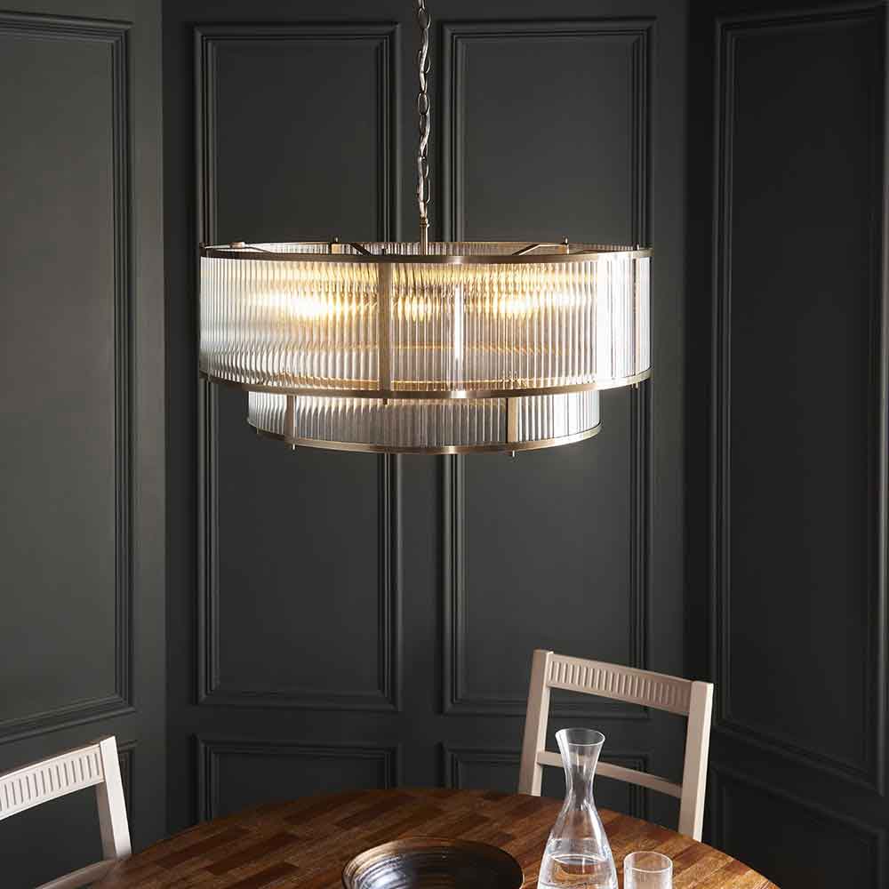 Redington Ribbed Glass Metal Tiered Ceiling Pendant Light in Antique Brass