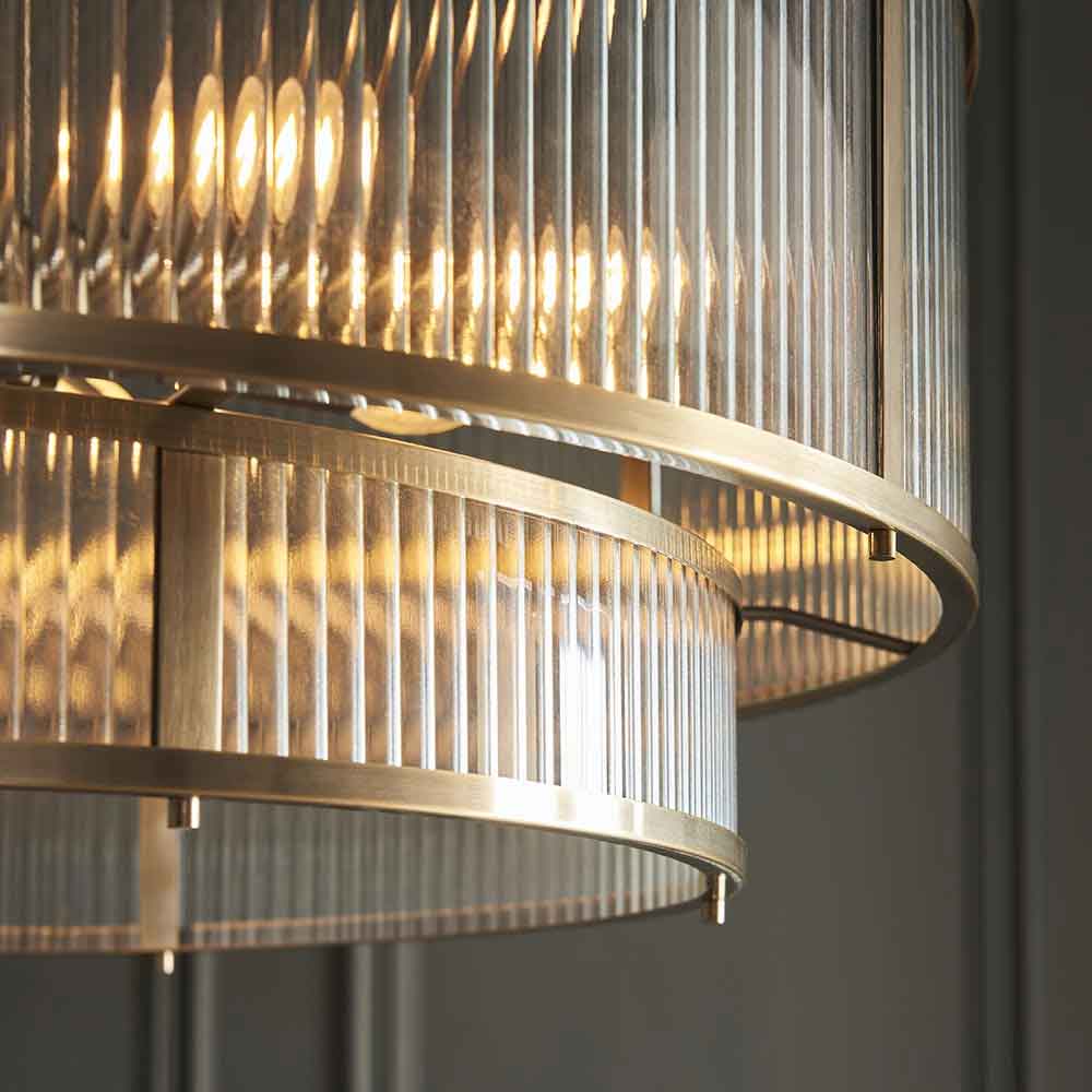 Redington Ribbed Glass Metal Tiered Ceiling Pendant Light in Antique Brass