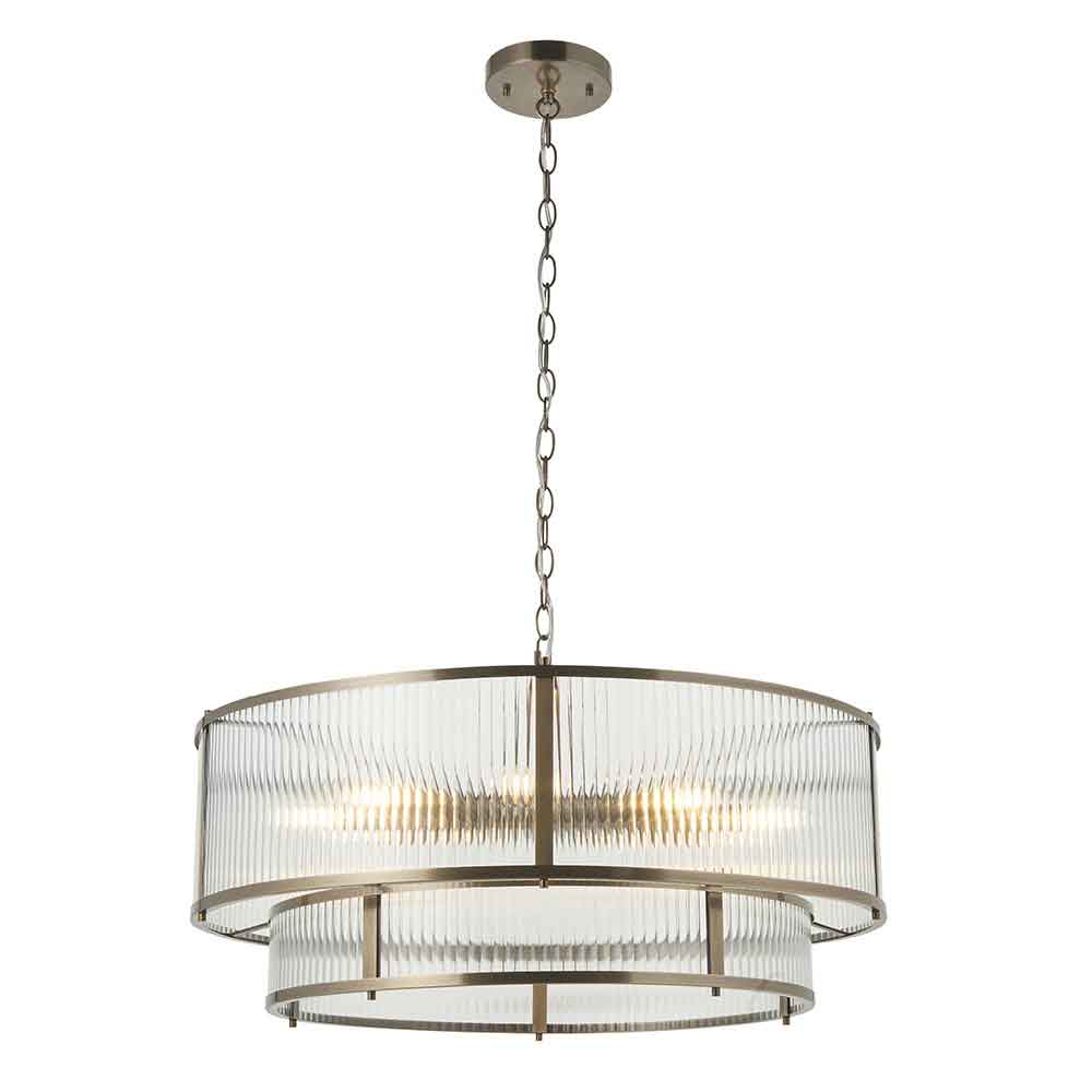 Redington Ribbed Glass Metal Tiered Ceiling Pendant Light in Antique Brass