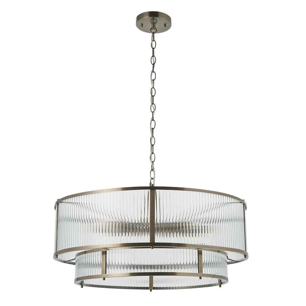 Redington Ribbed Glass Metal Tiered Ceiling Pendant Light in Antique Brass