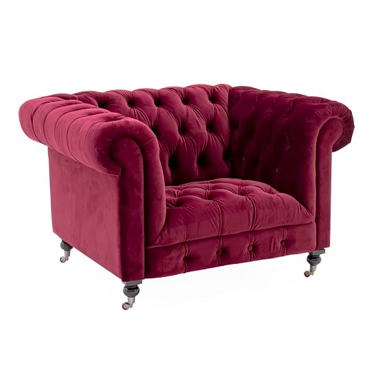 Product photograph of Reedy Chesterfield Velvel Sofa Chair In Berry With Metal Castor from Furniture in Fashion