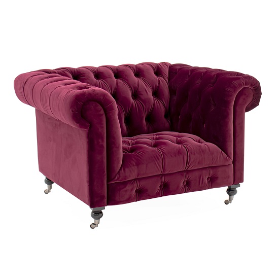 Product photograph of Reedy Chesterfield Velvel Sofa Chair In Berry With Metal Castor from Furniture in Fashion