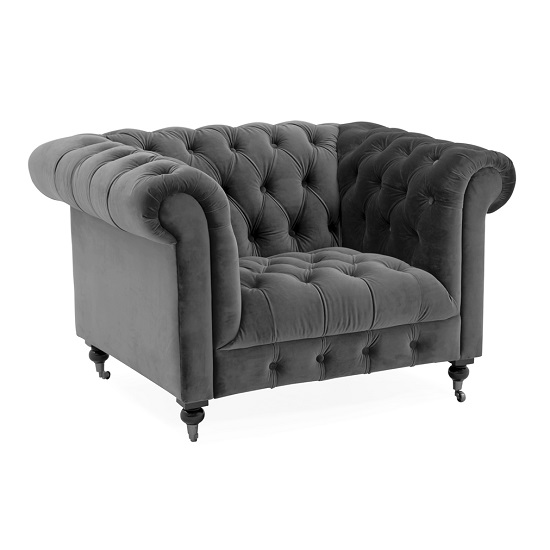 Product photograph of Reedy Chesterfield Velvel Sofa Chair In Grey With Metal Castor from Furniture in Fashion