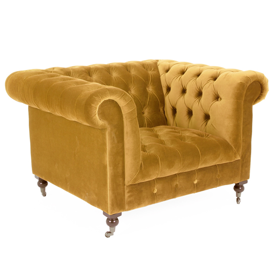 Product photograph of Reedy Chesterfield Velvet 1 Seater Sofa In Mustard from Furniture in Fashion