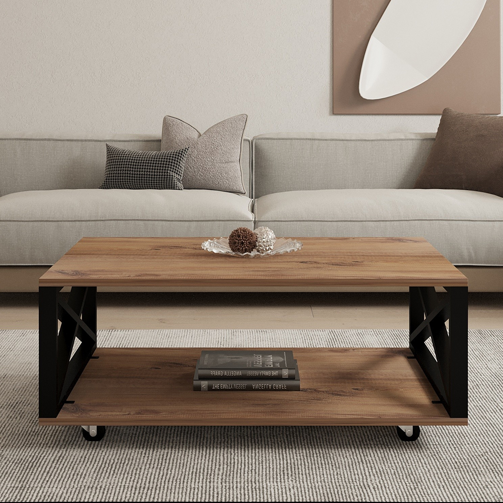 Refia Wooden Coffee Table with Wheeled Legs in Atlantic Pine