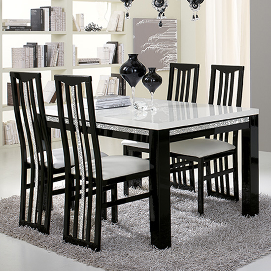 Regal Dining Table In Gloss Black And White With Crystal Detail