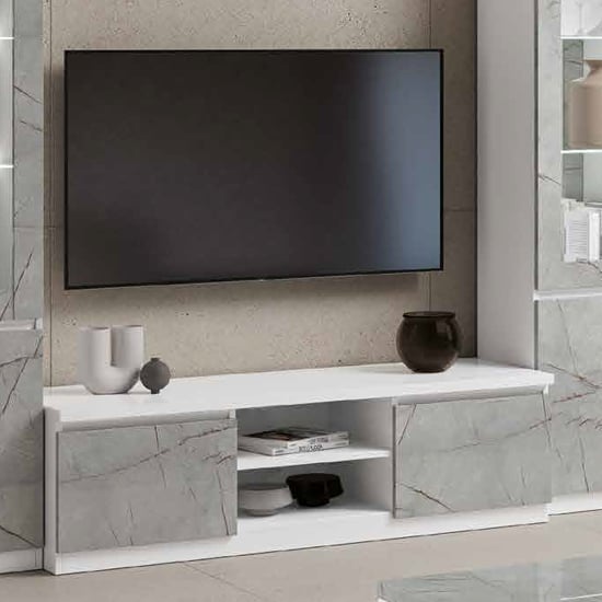 Regal High Gloss TV Stand 2 Doors In White And Marble Effect