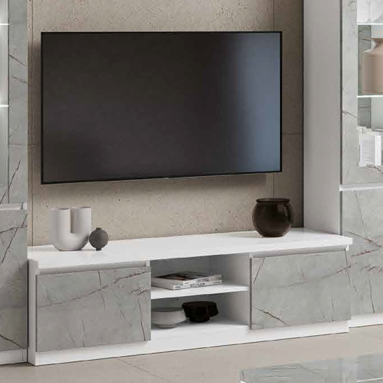 Read more about Regal high gloss tv stand 2 doors in white and marble effect