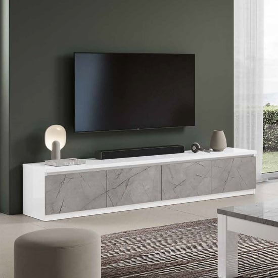 Regal High Gloss TV Stand 4 Doors In White And Marble Effect