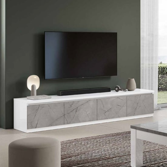Read more about Regal high gloss tv stand 4 doors in white and marble effect