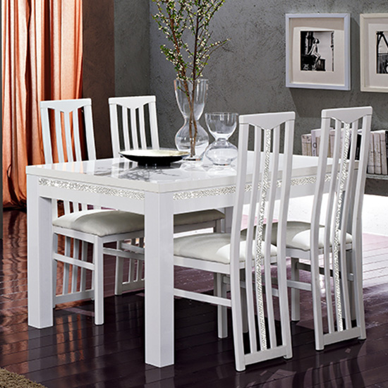 Regal Wooden Dining Table In White Gloss With Cromo Details