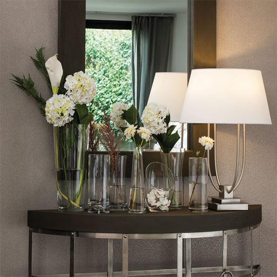 Trento White Fabric Shade Table Lamp In Satin Nickel