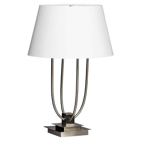 Photo of Trento white fabric shade table lamp in satin nickel