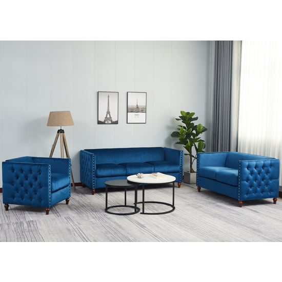 Product photograph of Reggio Plush Velvet 3 2 1 Sofa Set In Blue With Wooden Legs from Furniture in Fashion