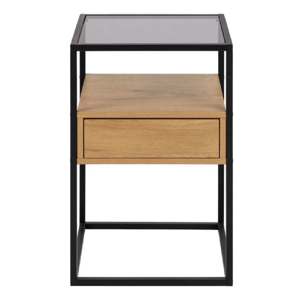 Regina Wooden Bedside Cabinet With Black Metal Frame In Oak