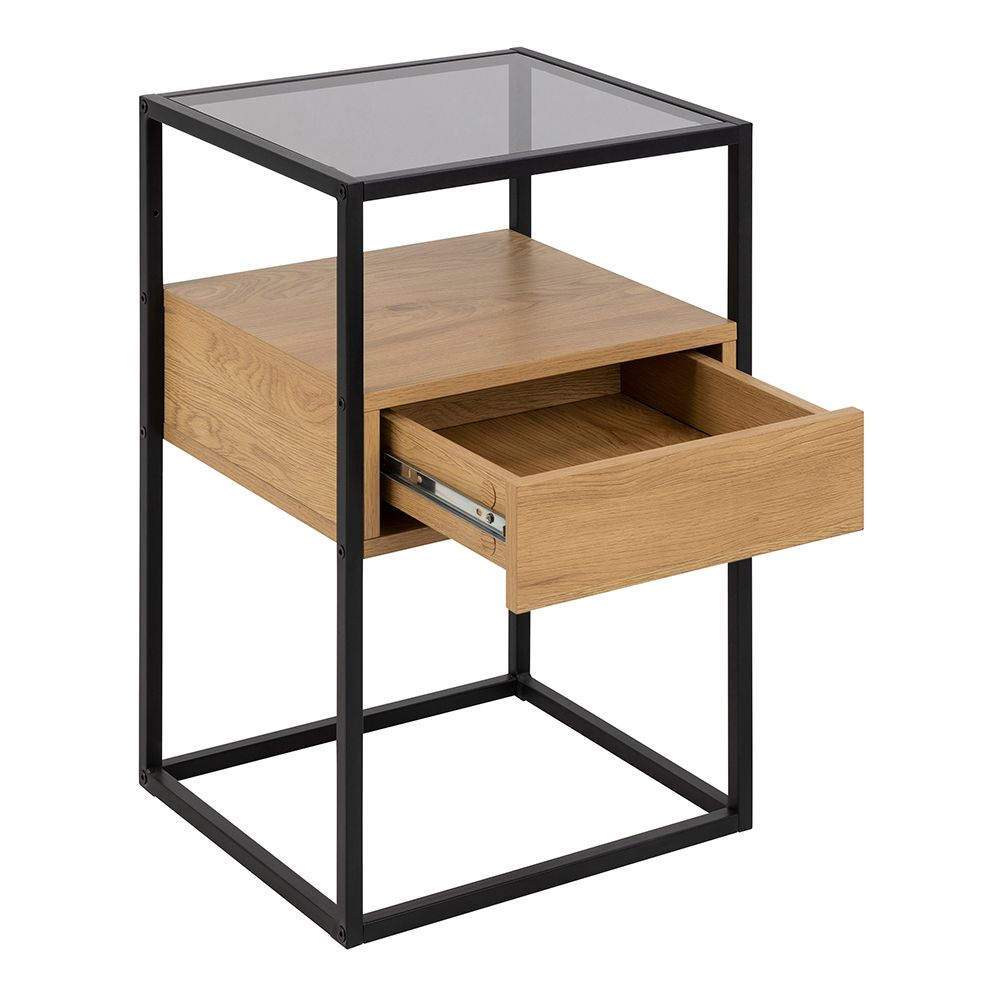 Regina Wooden Bedside Cabinet With Black Metal Frame In Oak