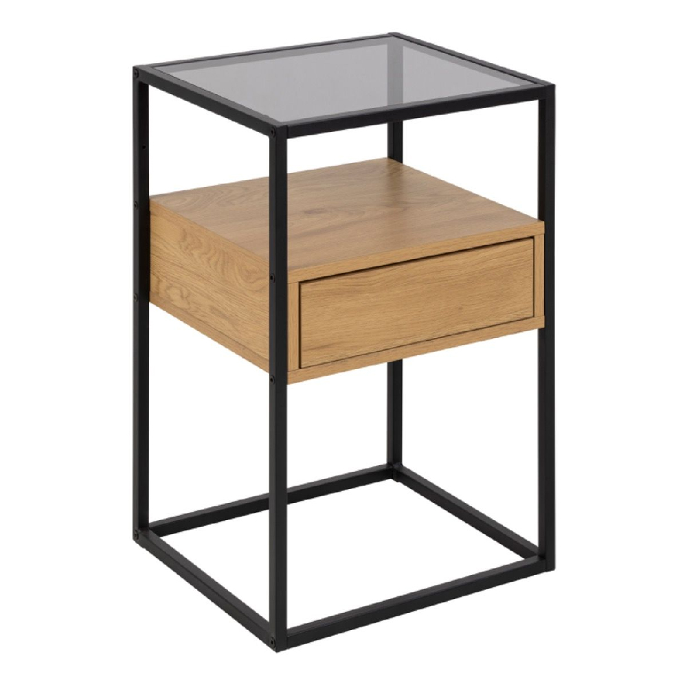 Read more about Regina wooden bedside cabinet with black metal frame in oak
