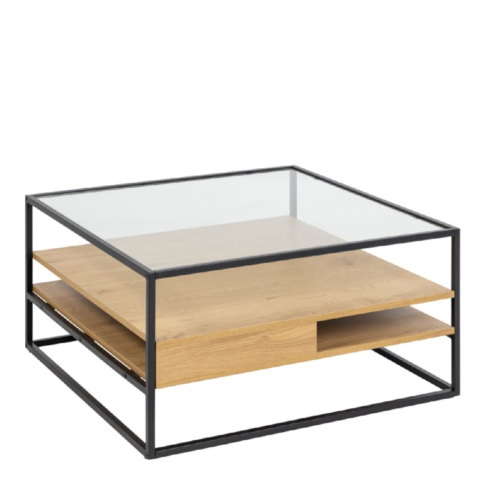 Regina Glass Top Coffee Table With Oak Shelves And Metal Frame