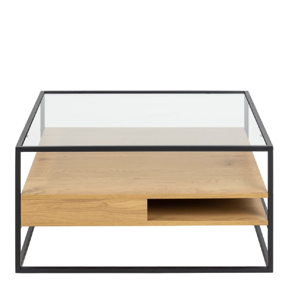 Regina Glass Top Coffee Table With Oak Shelves And Metal Frame