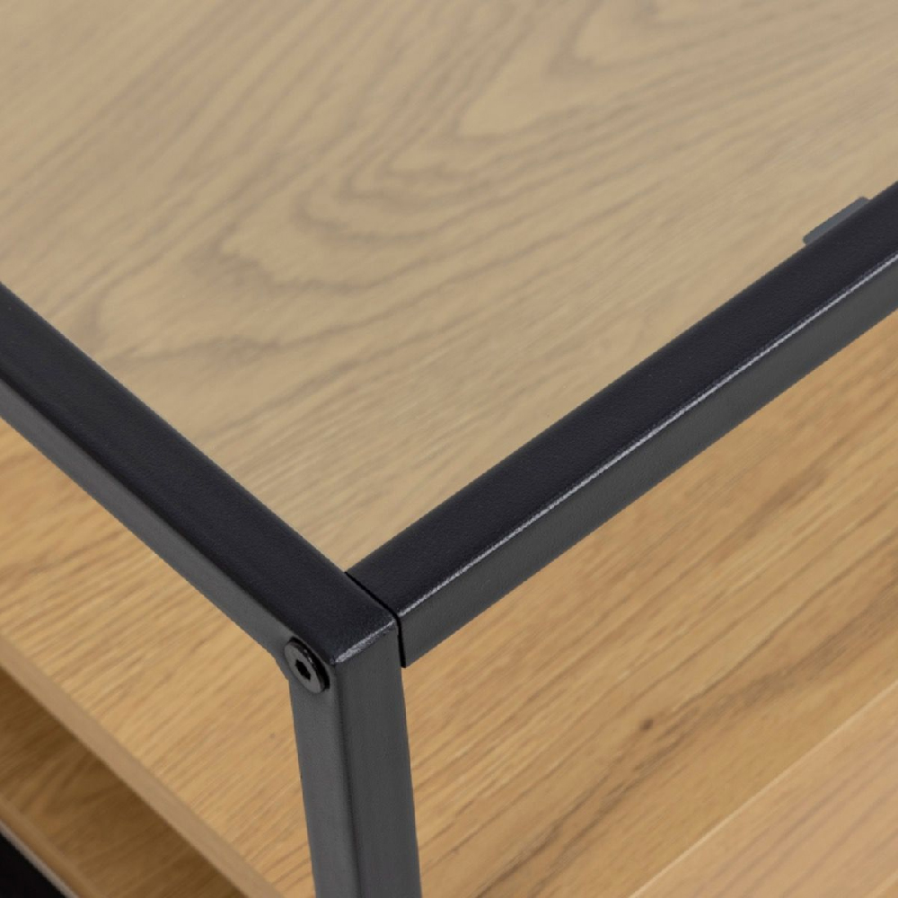 Regina Glass Top Coffee Table With Oak Shelves And Metal Frame
